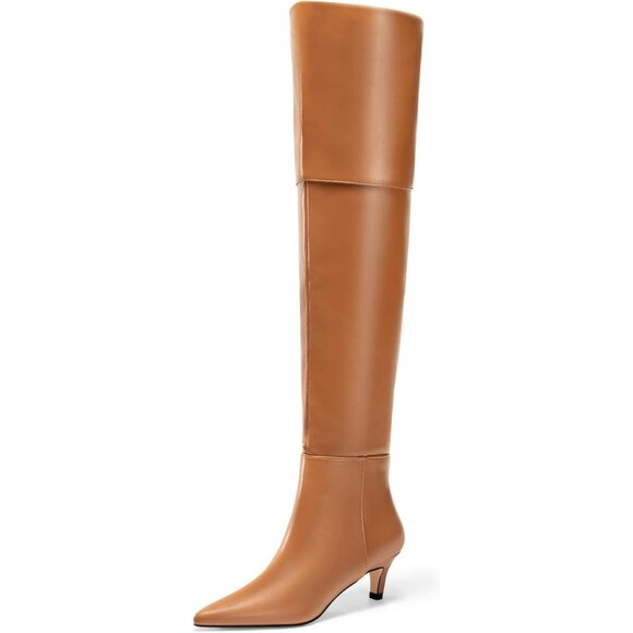 Women Brown Pu Thigh High Pointed Toe Kitten Heel Over the Knee Long Boot - Picture 1 of 4